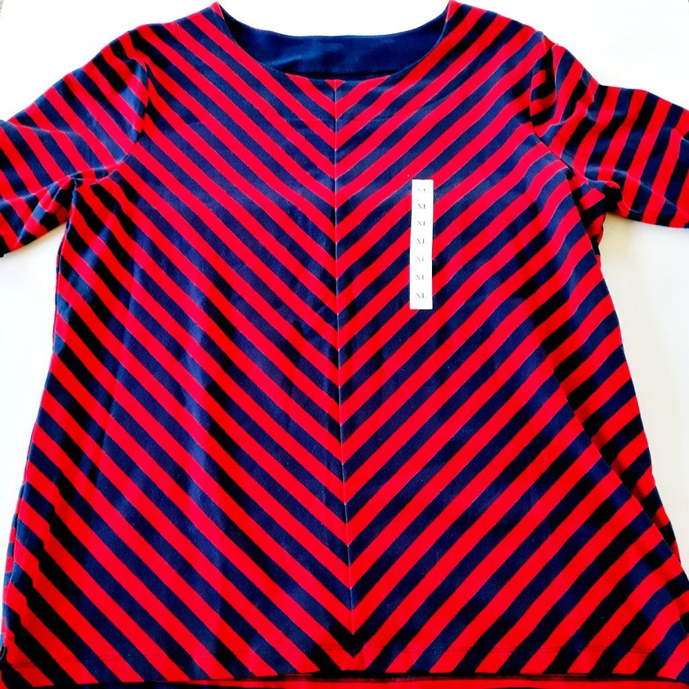 Croft & Barrow Shirt Knit Red Navy Stripe Short Sleeve XL New